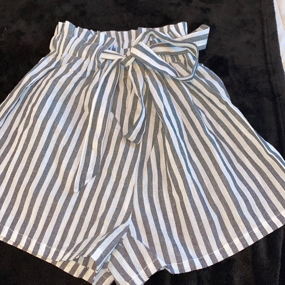 Grey and white striped high waisted shorts